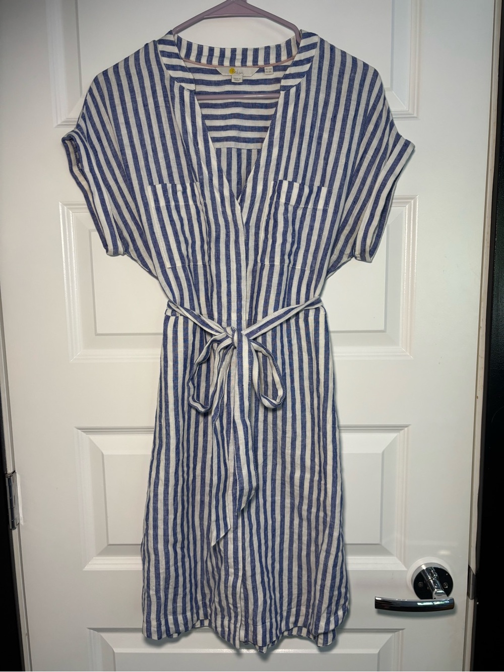 Boden Blue and White Striped Linen Tie-Waist Dress